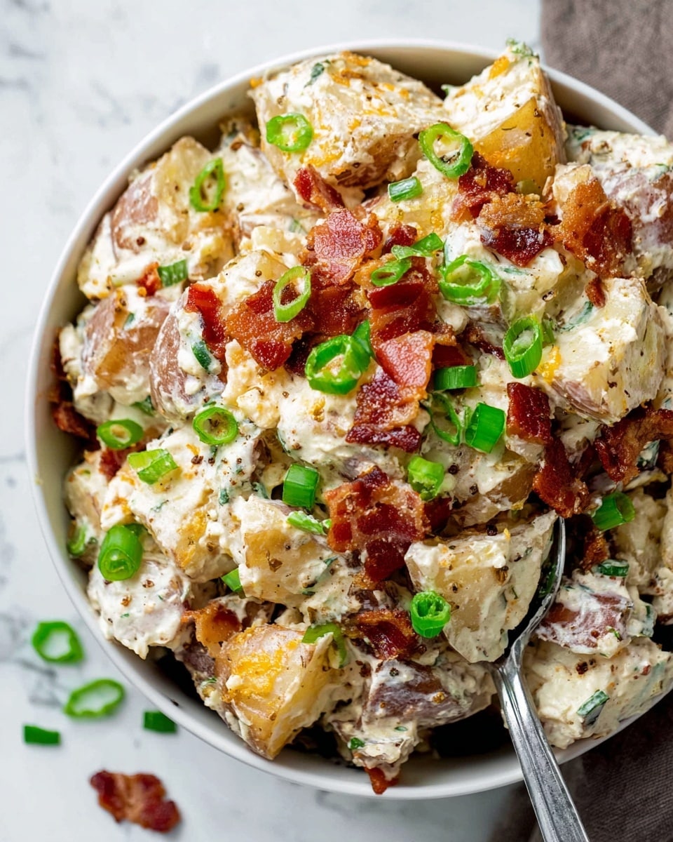 This close-up image shows a spoonful of creamy potato salad. The dish has three main layers: the base layer is made of golden brown potato chunks that are soft and a bit crispy on the edges; the second layer is a thick, white creamy sauce that covers the potatoes, with small pieces of diced pink ham mixed in; the top layer includes chopped green onions scattered on the potatoes and sauce, adding a fresh green color. The spoon is silver and holds several potato pieces in the creamy sauce, and the background is filled with more of the potato salad on a white marbled surface. photo taken with an iphone --ar 4:5 --v 7