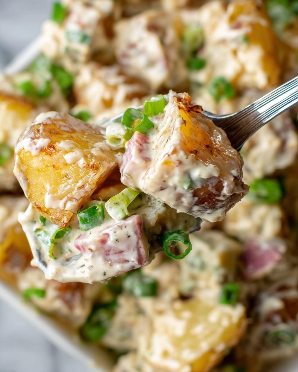 A close-up of a bowl filled with a creamy potato salad showing three main layers: the bottom layer consists of roughly cut potato cubes, golden brown and slightly charred, mixed with thick, white creamy dressing; scattered throughout are crispy, reddish-brown bacon pieces adding texture and color contrast; finely chopped green onions and slices of green peppers are sprinkled on top, adding a fresh green touch. The salad is mixed well, with the creamy dressing coating each ingredient. A shiny metal spoon is partially inserted on the right side of the bowl, which is a white bowl. The background is a white marbled texture. Photo taken with an iphone --ar 4:5 --v 7