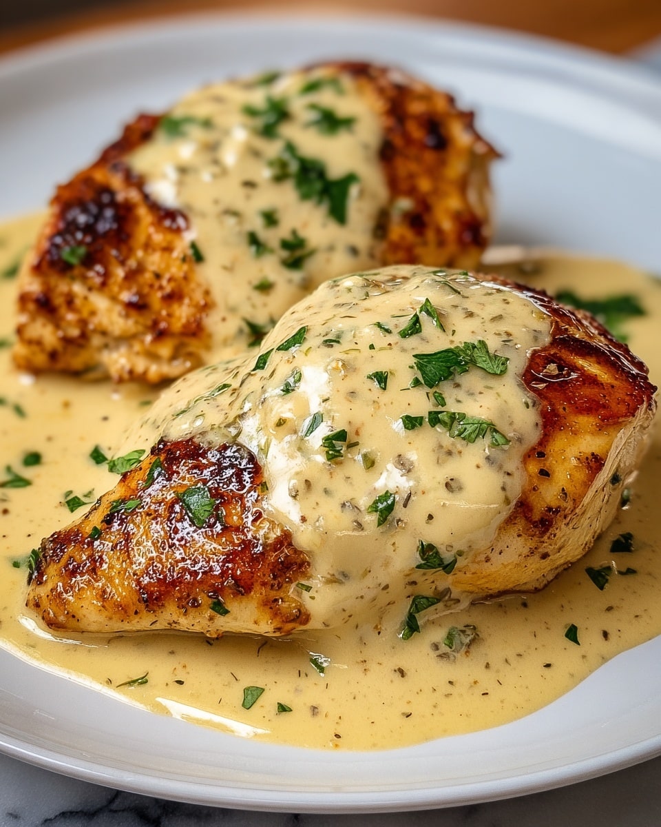 A grilled chicken breast with dark brown grill marks sits on a round white plate, covered in a creamy light beige sauce. On top of the sauce, golden-brown sautéed banana slices and a sprinkle of finely chopped green herbs decorate the chicken. The sauce pools slightly around the chicken, showing a smooth and rich texture. The background surface is a white marbled texture. Photo taken with an iphone --ar 4:5 --v 7