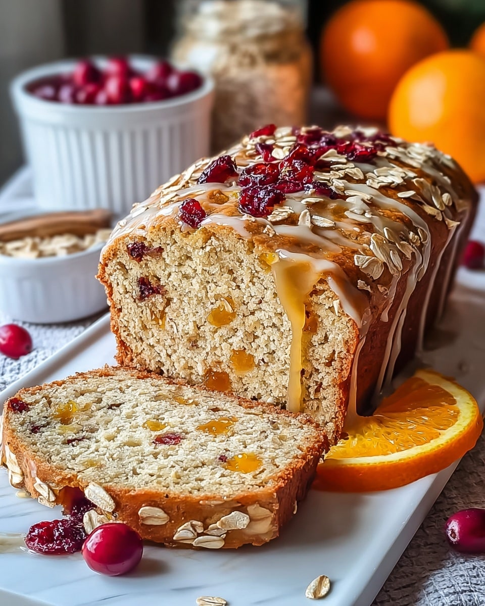 The image shows a loaf of sliced cake on a long white plate with a white marbled textured surface underneath. The cake has two visible layers: the outer crust is golden brown with oat flakes on top, and the inside is light beige with small chunks of orange fruit. The top is drizzled with honey or syrup and scattered with dried cranberries. Around the plate are whole and halved cranberries, and an orange slice is placed next to the loaf. In the background, there is a white bowl of cranberries, some whole oranges, and a glass jar of oats, all slightly blurred to keep focus on the cake. photo taken with an iphone --ar 4:5 --v 7