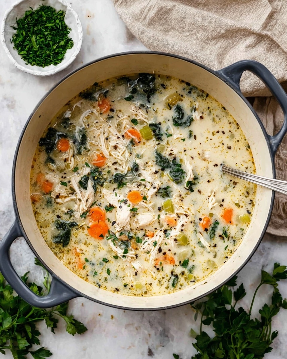 The image shows two white speckled bowls filled with creamy soup, each with visible layers of chunky orange carrots, bright green kale, light green celery, and shredded white chicken in a thick pale yellow broth sprinkled with herbs and pepper. A black spoon with a silver tip rests inside the bowl in the background. Behind the bowls, there is a large black pot containing more of the soup, with the top part of the soup showing the vegetable and chicken mix. The bowls are placed on a white marbled surface with a white cloth and scattered green herb leaves nearby. Photo taken with an iphone --ar 4:5 --v 7
