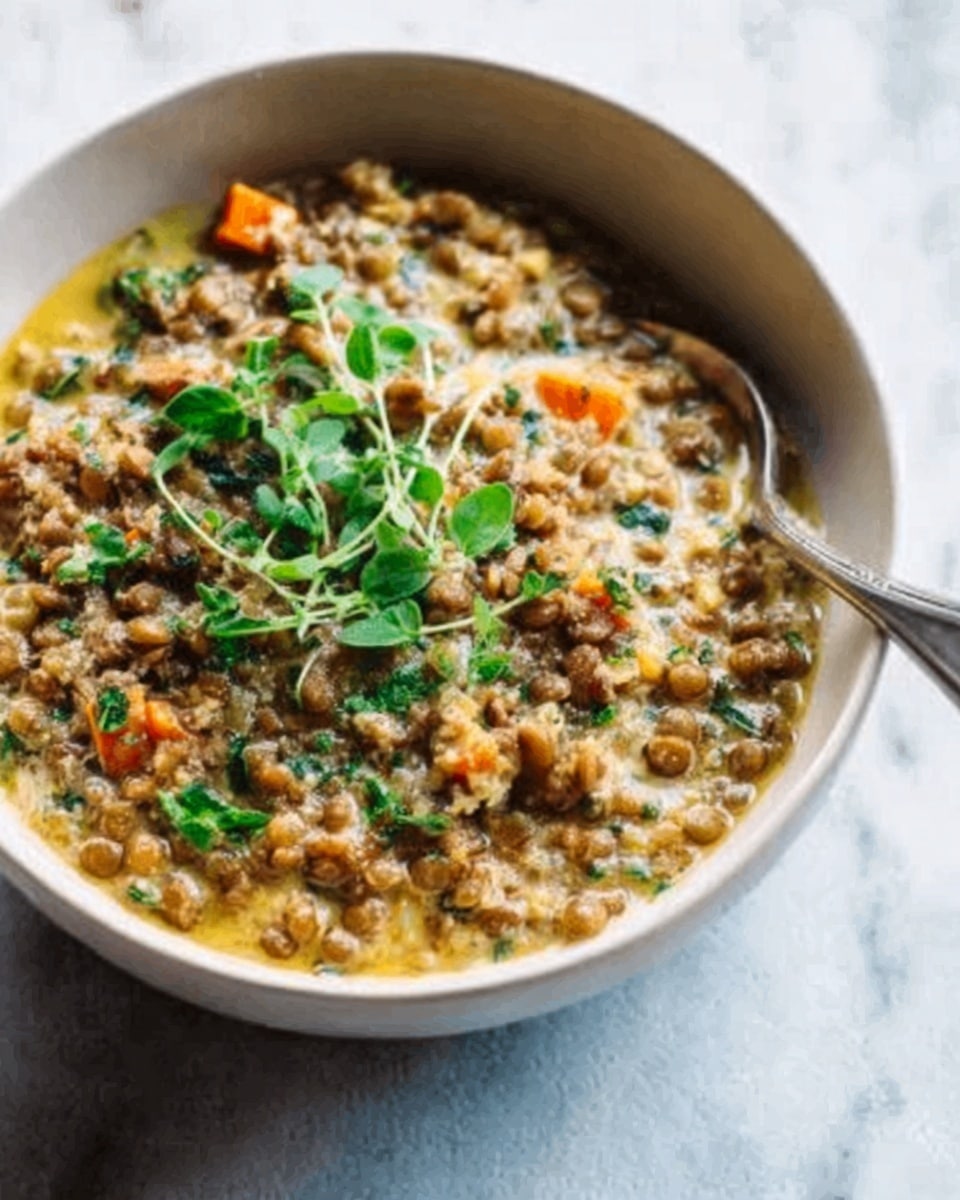 The image shows a white bowl filled with a thick lentil stew that has a textured, chunky appearance. The dish contains visible pieces of orange carrot and light brown lentils mixed with a creamy sauce that has light beige and green specks, likely herbs. On top of the stew are small green herb leaves scattered as a garnish. The bowl is placed on a white marbled surface, and a silver spoon is positioned near it. Photo taken with an iphone --ar 4:5 --v 7