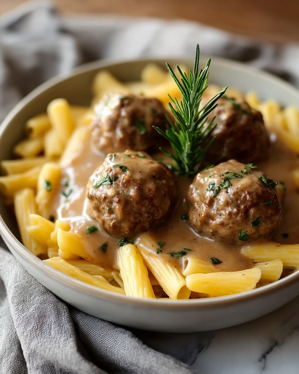 A close-up of a round white bowl filled with rigatoni pasta arranged around four meatballs covered in a smooth brown gravy sauce with green herb bits. In the center of the meatballs, a small green sprig of rosemary stands upright, adding a fresh touch. The pasta is bright yellow and sits at the bottom layer, the meatballs covered in sauce form the middle layer, and the rosemary sprig is the top layer. The bowl is placed on a white marbled surface with a soft gray cloth to the side. photo taken with an iphone --ar 4:5 --v 7