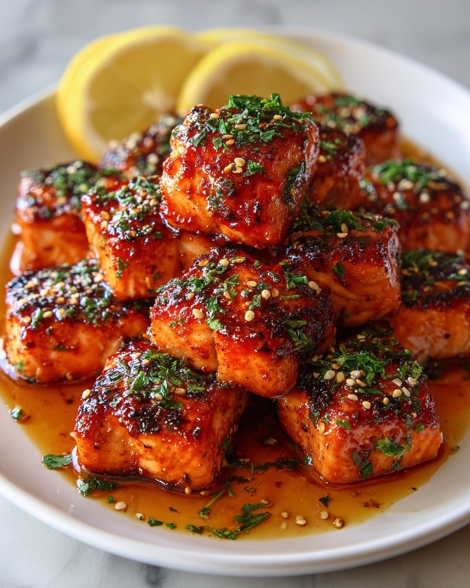 The image shows a white plate filled with about ten cubes of grilled salmon, each piece coated in a shiny, reddish-orange glaze with visible char marks and sprinkled with finely chopped green herbs and some seeds. The salmon pieces are stacked slightly in two layers, with the bottom layer partially covered by the top, and the sauce pools gently around the base of the cubes. At the back of the plate, two lemon slices with bright yellow skin and pale flesh rest next to the salmon, adding a fresh contrast. The plate is set against a soft-focus white marbled background, giving a clean and bright look. Photo taken with an iphone --ar 4:5 --v 7