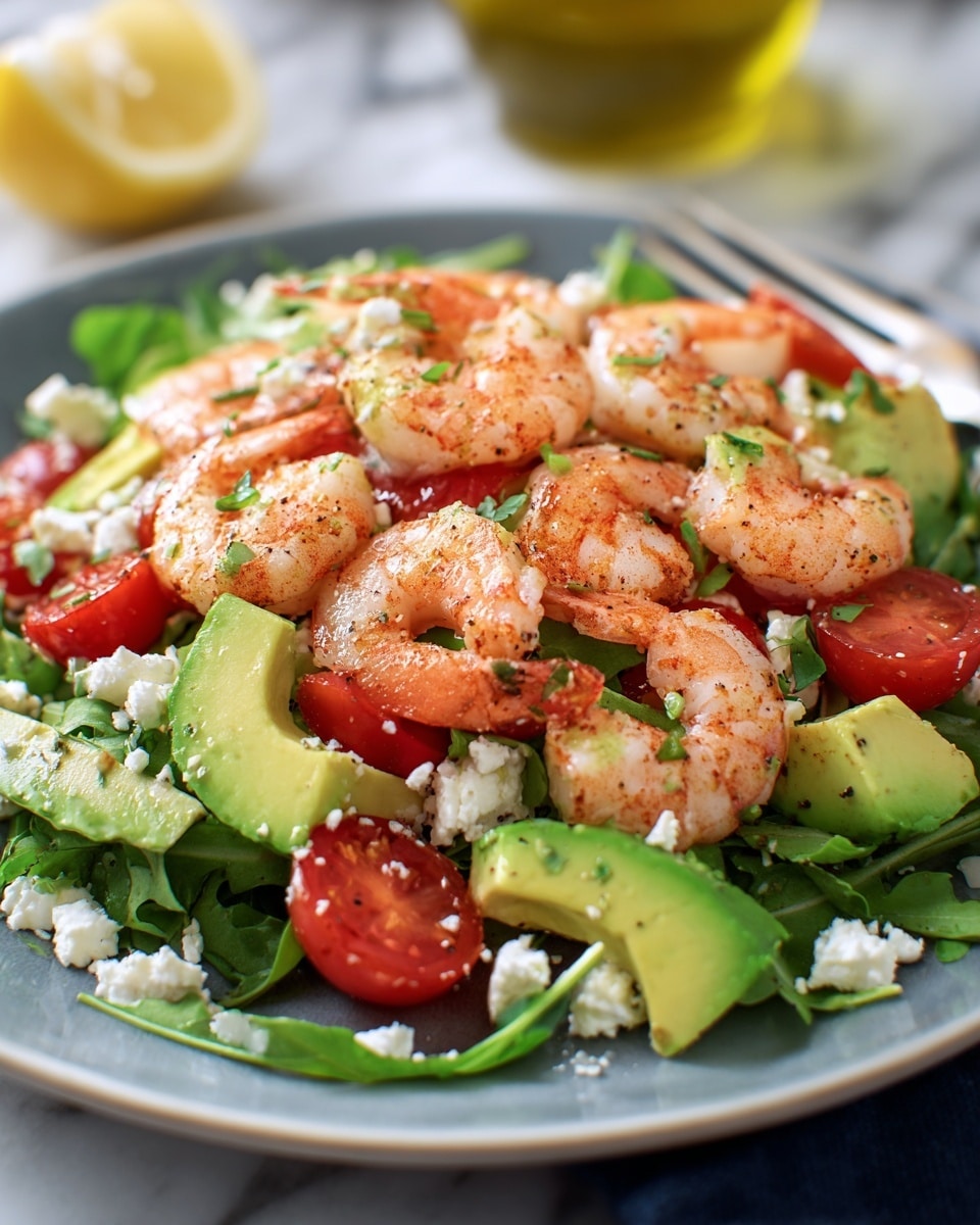 A fresh salad on a white plate features three main layers. The base layer is green arugula leaves scattered across the plate with a slight shine. On top of this are vibrant red cherry tomato halves, bright green avocado chunks, and crumbled white feta cheese, adding a mix of smooth and crumbly textures. The top layer displays pink cooked shrimp with a slight gloss, lightly seasoned with black pepper and small green herb bits. The background shows a slice of lemon and a blurred olive oil bottle on a white marbled texture. photo taken with an iphone --ar 4:5 --v 7
