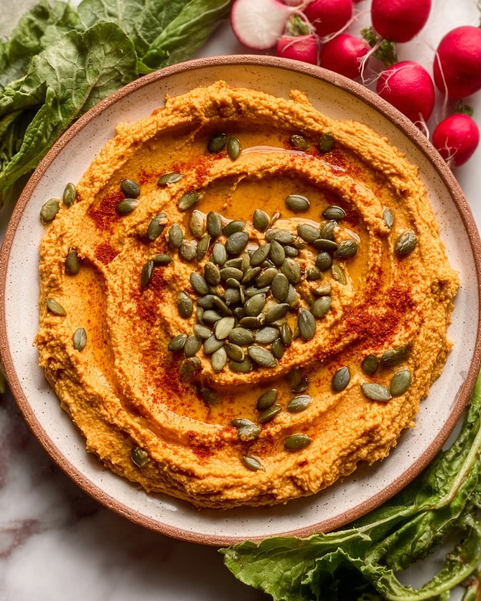 A round white plate holds a creamy orange hummus spread in a thick, even layer with a smooth but slightly swirled texture, topped with a generous sprinkling of green pumpkin seeds and a dusting of red paprika. The hummus has a few small dips and ridges from spreading, giving it a soft, fluffy look. Around the plate, some fresh radishes and leafy greens add a touch of green and red contrast. The scene is set on a white marbled surface. Photo taken with an iphone --ar 4:5 --v 7