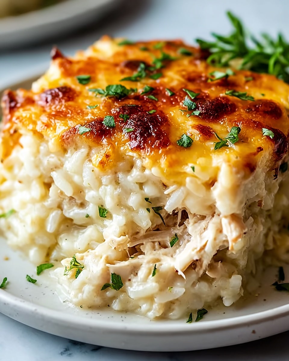 A close-up of a creamy baked dish showing two main layers on a white plate set on a white marbled surface. The bottom layer is pale and creamy with tender pieces of shredded chicken mixed in, textured with soft rice or a similar grain. The top layer is a golden-brown melted cheese crust with some darker toasted spots, sprinkled with chopped green herbs. The dish looks rich and soft with a slightly crispy top. Photo taken with an iphone --ar 4:5 --v 7