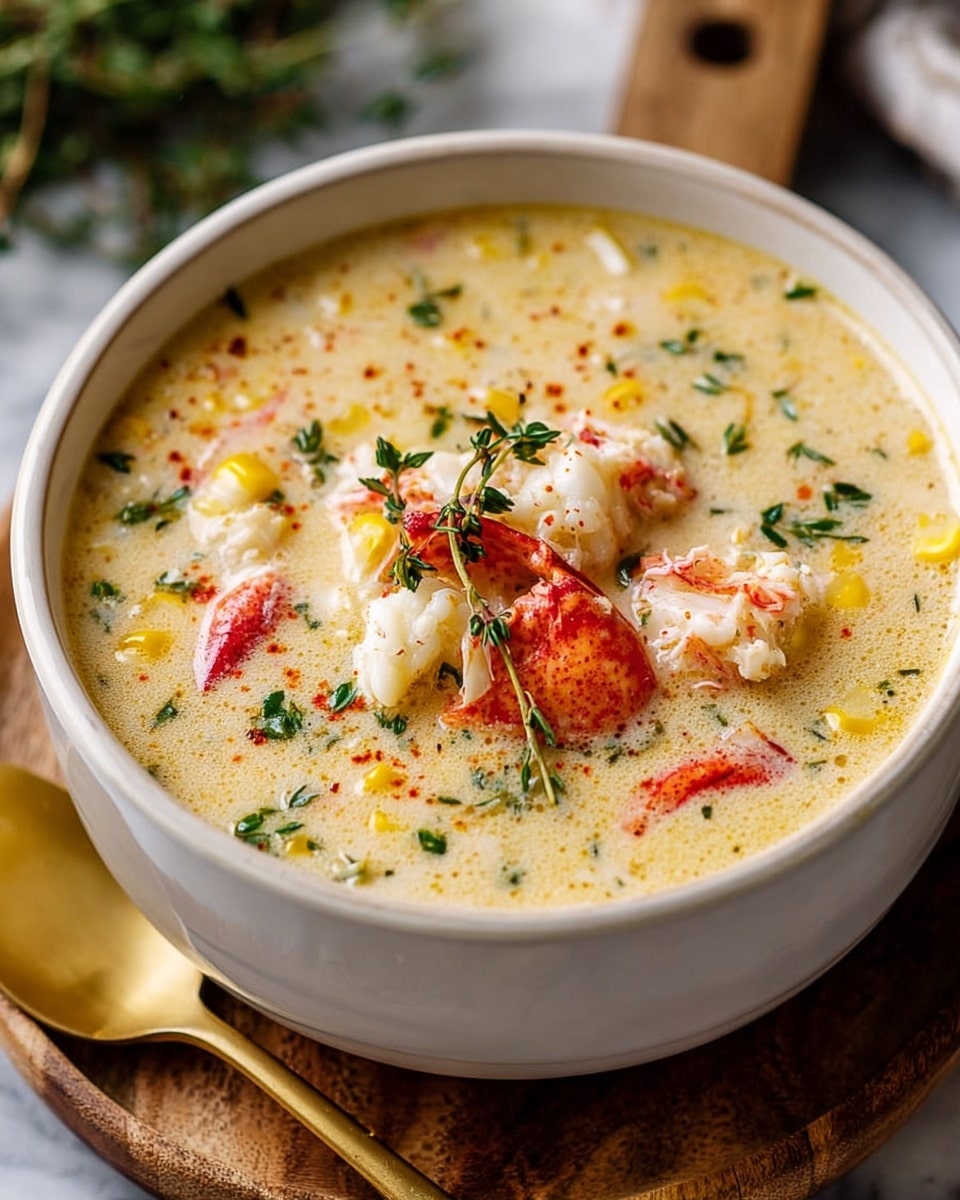 A white bowl filled with creamy light yellow soup with visible pieces of corn kernels, white crab meat, and red lobster meat chunks. The soup has green herb sprinkles and small thyme leaves on top, along with a light sprinkle of red seasoning. The bowl is placed on a round wooden board with a golden spoon nearby, all set on a white marbled textured surface. Photo taken with an iphone --ar 4:5 --v 7