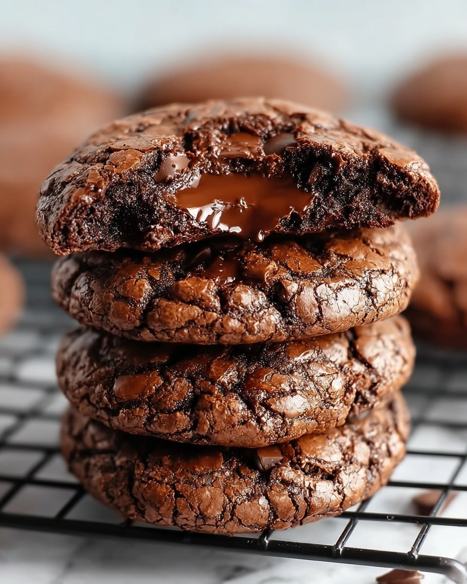 A stack of three rich chocolate cookies is shown on a black cooling rack placed on a white marbled surface. The top cookie is broken in half, revealing a thick, melted, glossy chocolate center inside with a soft, gooey texture. The cookie exterior is cracked and slightly crisp, with a deep brown color and hints of darker chocolate chunks within. The cookies appear thick and dense, with uneven, rustic edges that highlight their homemade look. Photo taken with an iphone --ar 4:5 --v 7