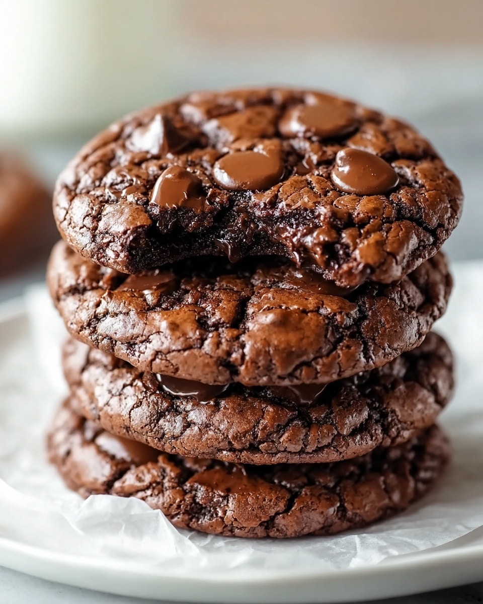 A close-up of a stack of four thick, chewy chocolate cookies on a white plate lined with white parchment paper. Each cookie has a cracked, slightly shiny surface with large, melted chocolate chips embedded on top, creating small peaks of glossy chocolate. The top cookie is slightly broken at the edge, showing a moist, dark brown interior with gooey melted chocolate inside. The background is blurred with a white marbled texture. photo taken with an iphone --ar 4:5 --v 7