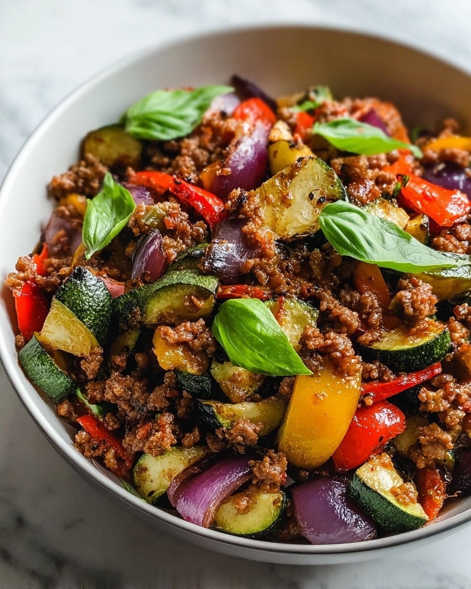 A close-up view of a white bowl filled with a colorful stir-fry dish that has three main layers: a base layer of finely browned ground meat with a crumbly texture, mixed with large chunks of grilled vegetables including green zucchini with a slightly charred skin, red and yellow bell pepper slices showing a shiny cooked surface, and thick pieces of purple onion with a soft, translucent look. Bright green fresh basil leaves sit on top as garnish, adding a fresh contrast to the warm colors below. The bowl rests on a white marbled surface with a smooth texture visible around it. photo taken with an iphone --ar 4:5 --v 7
