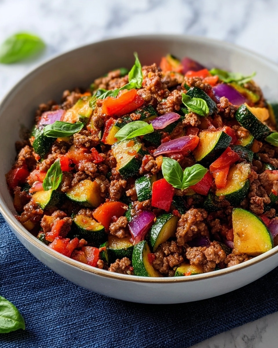 The image shows a white bowl filled with a colorful mix of cooked ground meat and diced vegetables. The dish has three main layers: the bottom layer is the ground meat, brown and crumbly in texture; on top of that are thick chunks of green zucchini with a slightly shiny surface, bright red bell peppers cut into small pieces, and pieces of purple onion; scattered throughout are fresh green basil leaves adding a bright touch. The bowl sits on a dark blue cloth on a white marbled surface. The photo taken with an iphone --ar 4:5 --v 7