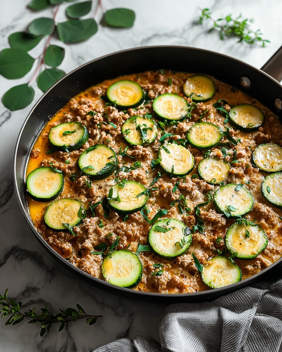 A black pan filled with a cooked dish showing one main visible layer consisting of a soft, crumbly mixture of ground meat in a light orange sauce with small chunks; scattered on top are round, thin zucchini slices that are green outside with light green centers, giving a fresh look. Small green leafy herbs are sprinkled evenly over the dish, adding texture and color contrast. The pan sits on a white marbled surface with loose leaves and a gray cloth napkin nearby. Photo taken with an iphone --ar 4:5 --v 7