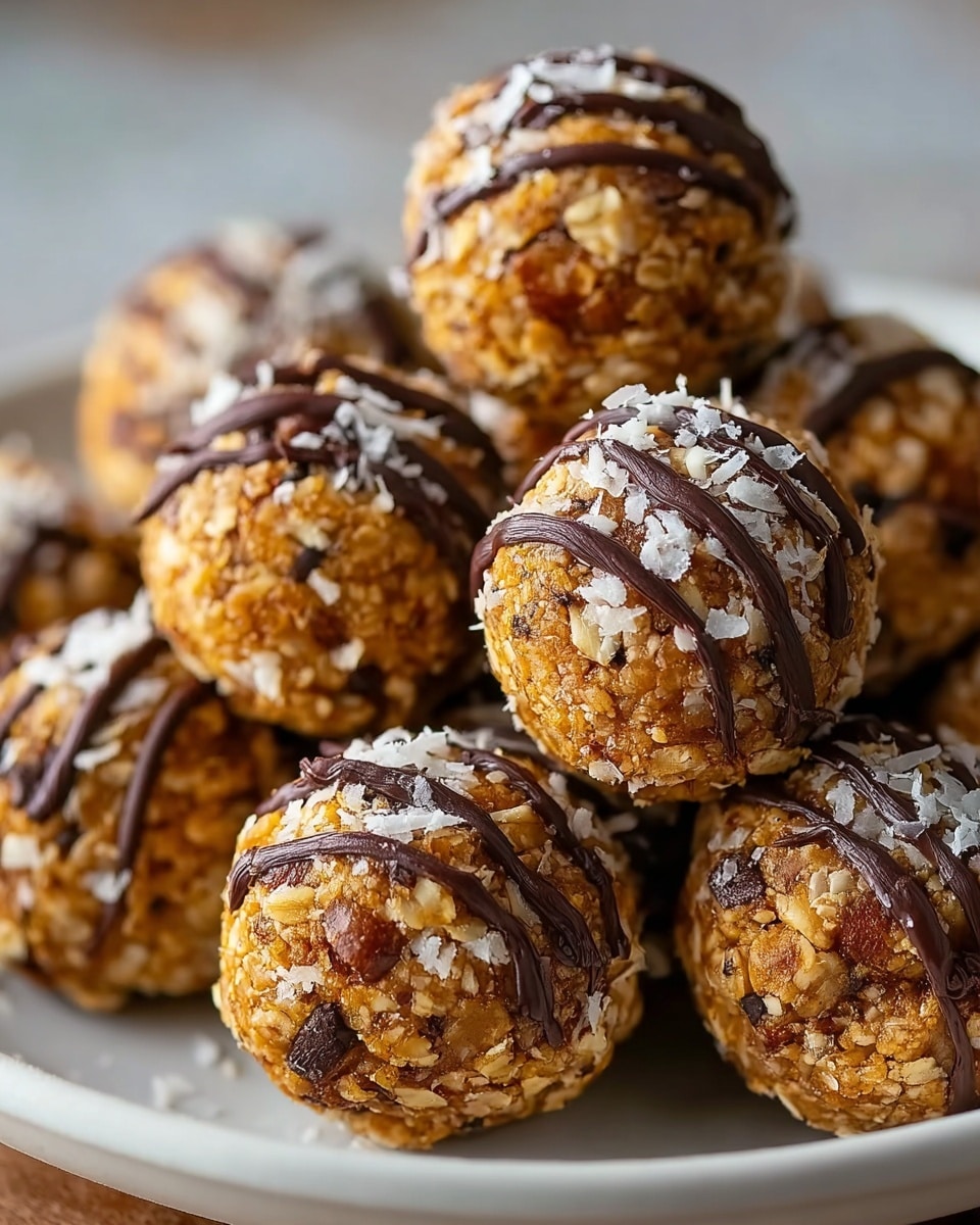A close-up image shows several round snack balls piled on a white plate, each ball made of a golden-brown mixture with visible small nut and oat pieces, giving a rough and crunchy texture. Each ball is topped with scattered white flakes and dark chocolate drizzle running in thin lines over the top, adding contrast and texture. The balls are stacked unevenly, creating depth, with the focus on the front balls while the others blur softly in the background. The image is set on a surface with a white marbled texture, enhancing the warm colors of the snack balls. Photo taken with an iphone --ar 4:5 --v 7
