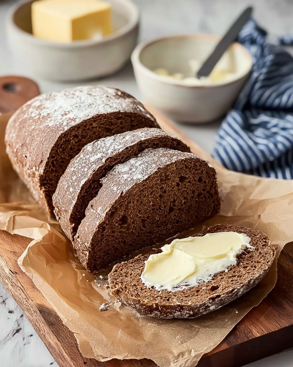 The image shows three dark brown baguettes with a slightly rough texture stacked on a wooden board. The baguettes have a uniform shape and look freshly baked with a golden-brown crust. To the upper left behind the bread, there is a small black bowl holding three thick slices of pale yellow butter. On the lower right side, part of a serrated knife with a silver blade rests on the board. The background is modified to a white marbled texture. photo taken with an iphone --ar 4:5 --v 7