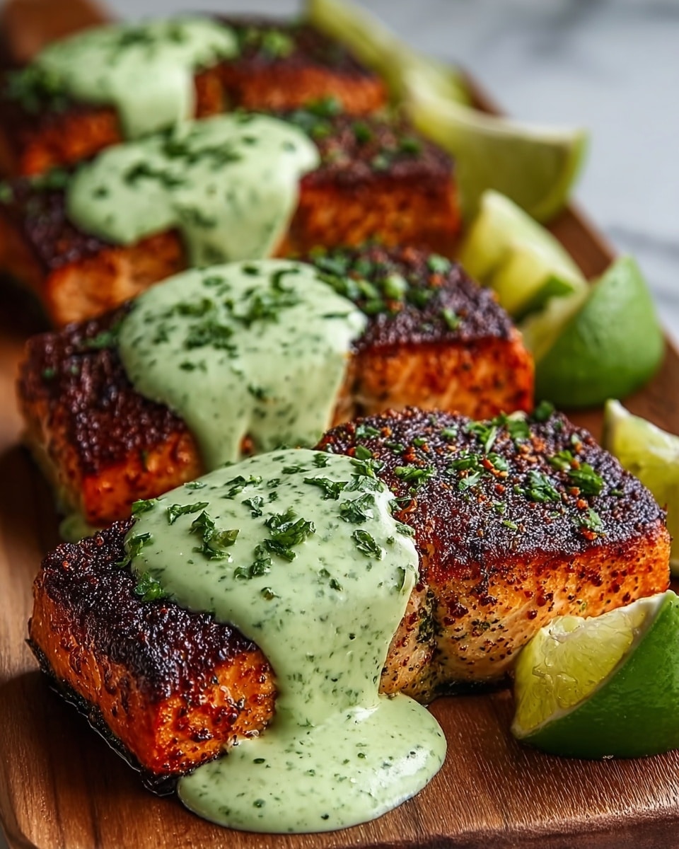 The image shows a close-up of four square, well-seared salmon fillets with a dark brown, crispy crust on top and sides. Each fillet is topped with a thick drizzle of creamy green sauce flecked with herbs, flowing down the sides. Bright green chopped herbs are sprinkled on the salmon and sauce. The pieces sit closely together on a wooden platter with wedges of lime on the sides, placed on a white marbled surface. The focus is sharp on the front salmon piece, making the textures of the crust and sauce very clear. Photo taken with an iphone --ar 4:5 --v 7