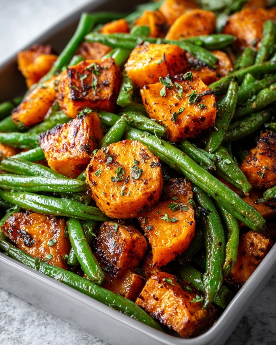 A close-up of roasted orange sweet potato chunks and bright green beans mixed together in a white rectangular dish. The sweet potato pieces are thick, with a golden brown, slightly crispy charred surface, sprinkled with small green herb flakes. The green beans are whole, vibrant, slightly wrinkled from roasting, and mixed evenly throughout. The dish sits on a white marbled texture background. photo taken with an iphone --ar 4:5 --v 7
