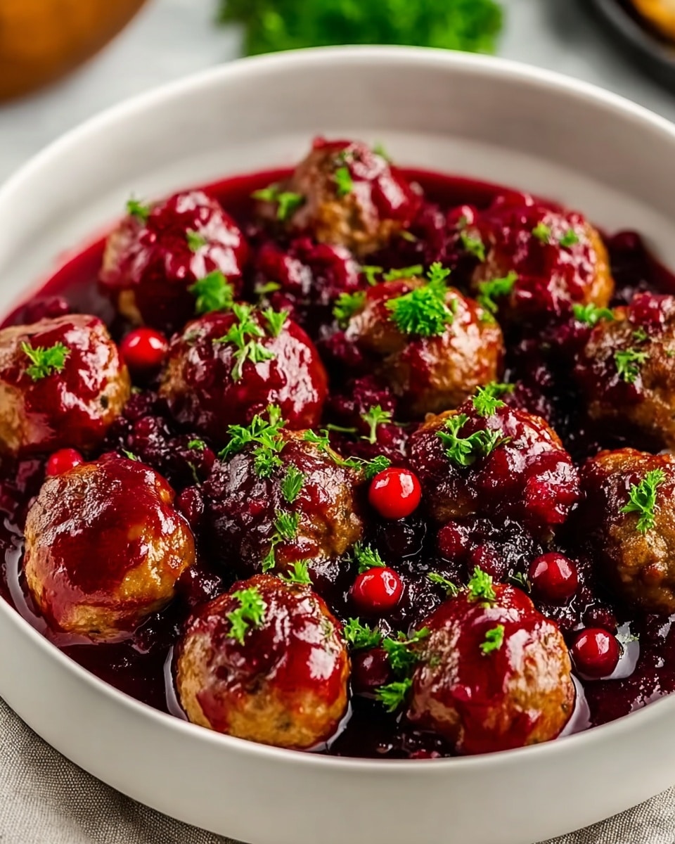 A round white bowl filled with about twelve golden-brown meatballs, each covered with a shiny deep red sauce, some sauce pooling at the bottom with visible whole cranberries. Bright green chopped parsley is sprinkled on top of the meatballs and sauce, adding a fresh touch. The bowl sits on a light cloth on a white marbled surface with some blurred greenery in the background. photo taken with an iphone --ar 4:5 --v 7