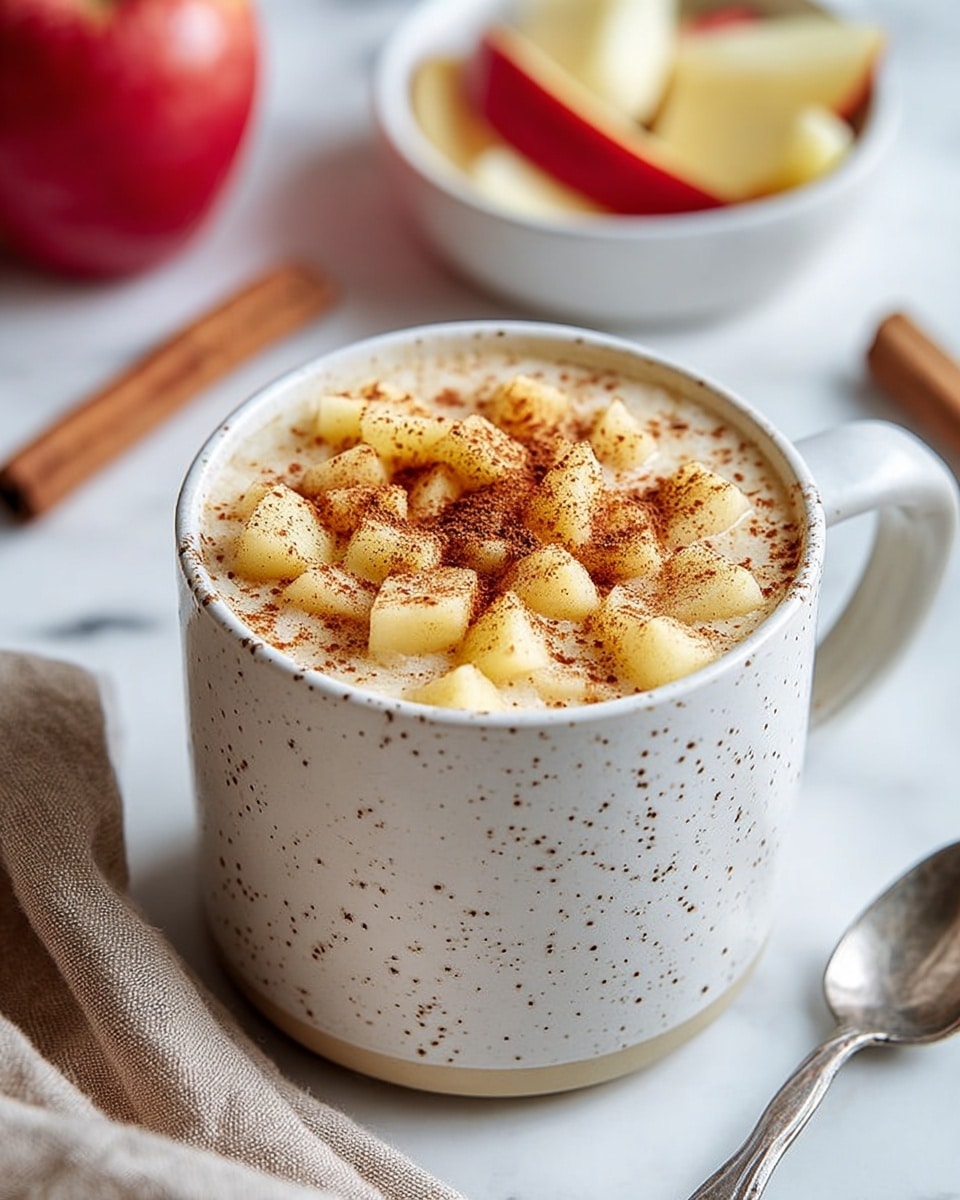 A white speckled mug is filled with creamy light beige liquid topped with two layers: the first layer consists of chunky, pale yellow diced apples, and the second layer is a fine dusting of brown cinnamon powder sprinkled evenly over the apples. The mug is placed on a white marbled surface with a cinnamon stick and a soft beige cloth to its left, a spoon to its right, and a white bowl with apple slices blurred in the background. A red apple also appears blurred in the background. The photo taken with an iphone --ar 4:5 --v 7