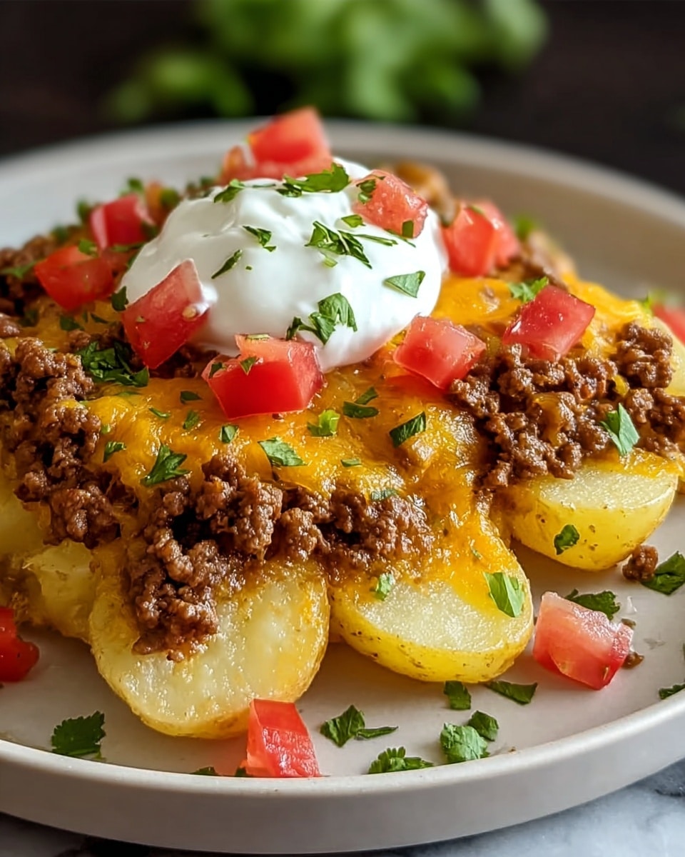 A round white plate is filled with a base layer of sliced golden potato rounds arranged in a circle with skin-on edges visible, topped with a thick layer of browned ground beef spread evenly. Over the beef, there is a generous layer of melted orange cheddar cheese that is gooey and slightly dripping. On top of the cheese, scattered red diced tomatoes and bright green chopped parsley add fresh color. At the center, a dollop of white sour cream is adorned with more parsley pieces, creating a vibrant contrast. The plate is set on a white marbled surface. photo taken with an iphone --ar 4:5 --v 7