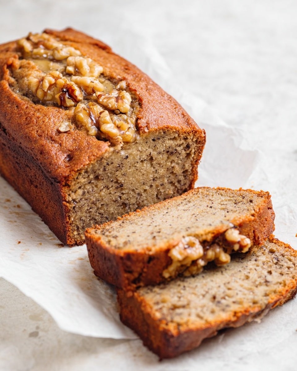 A loaf of banana bread is placed on white parchment paper over a white marbled surface. The bread has a golden-brown crust with visible chunks of walnut nuts on top. Two slices are cut and laid in front of the loaf, showing a light brown interior with specks of banana and darker nut pieces inside. The texture looks moist and dense, with the walnut nuts adding a rough texture to the smooth loaf surface. Photo taken with an iphone --ar 4:5 --v 7