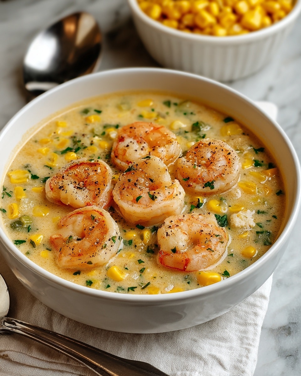 A white bowl filled with creamy soup that has five large shrimp placed on top, each shrimp pink with a slightly translucent texture and light seasoning. The soup base is a pale yellow, thick and smooth with visible kernels of bright yellow corn and small green herb pieces scattered throughout. There is a white cloth under the bowl and a shiny metal spoon beside it on a white marbled surface. In the background, a white bowl filled with more yellow corn is partially visible. photo taken with an iphone --ar 4:5 --v 7