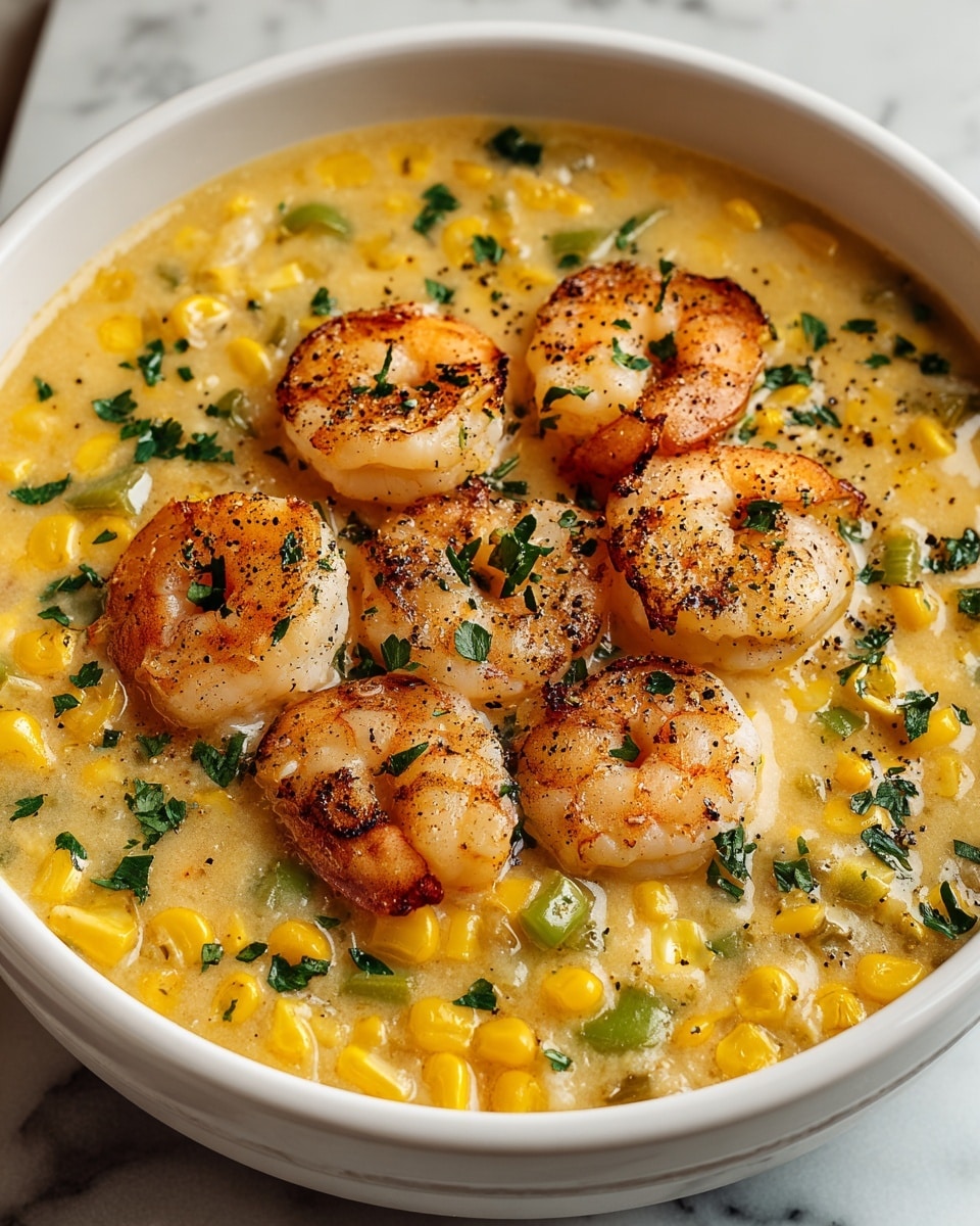 A white bowl filled with creamy yellow corn chowder, visible layers inside including bright yellow corn kernels and small diced green peppers. On top, there are five large pink shrimp arranged in a ring, lightly grilled with faint char marks. The chowder surface is sprinkled with chopped fresh green herbs and a dusting of black pepper. The bowl sits against a white marbled surface. Photo taken with an iphone --ar 4:5 --v 7