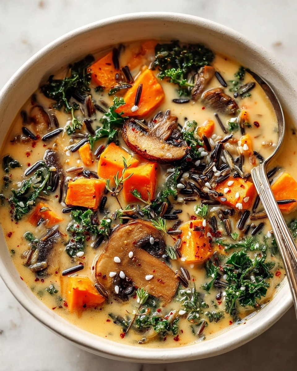 A white bowl filled with creamy soup showing about six layers: an orange layer of chopped sweet potatoes, a dark brown layer of sliced mushrooms, a deep green layer of kale leaves, a black layer of wild rice grains, all mixed in a light beige creamy broth with small white sprinkled seeds on top, and a sprinkle of black pepper and herbs. A silver spoon rests inside the bowl. The bowl is placed on a white marbled surface. photo taken with an iphone --ar 4:5 --v 7