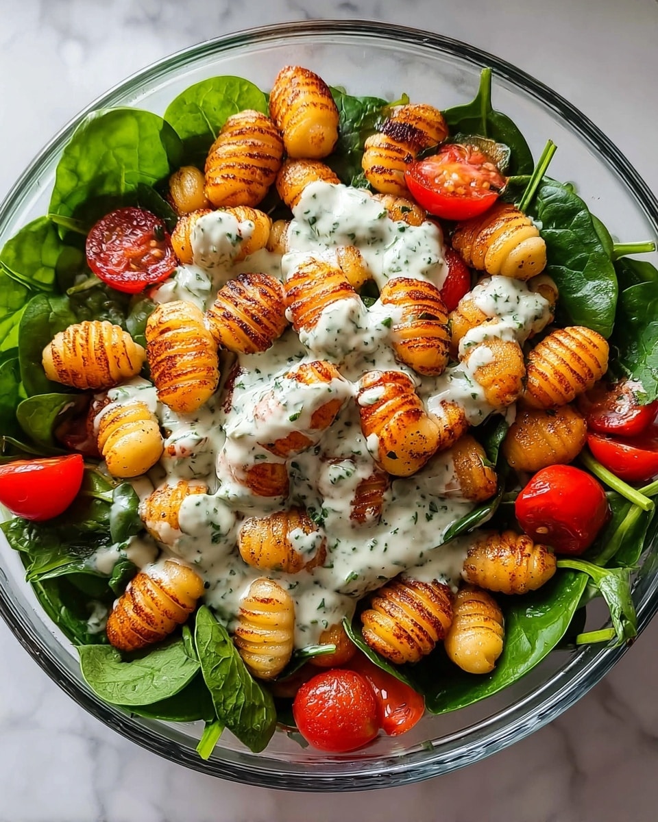 A clear glass bowl filled with a salad starting with a base of fresh dark green spinach leaves evenly spread out. On top, there is a generous layer of golden-brown, pan-seared gnocchi with crispy edges and ridged texture. Scattered among the gnocchi are bright red halved cherry tomatoes, adding a pop of color. The dish is finished with a creamy white sauce dotted with green herbs, drizzled mainly in the center, slightly covering some gnocchi and spinach leaves. The bowl sits on a white marbled surface. photo taken with an iphone --ar 4:5 --v 7