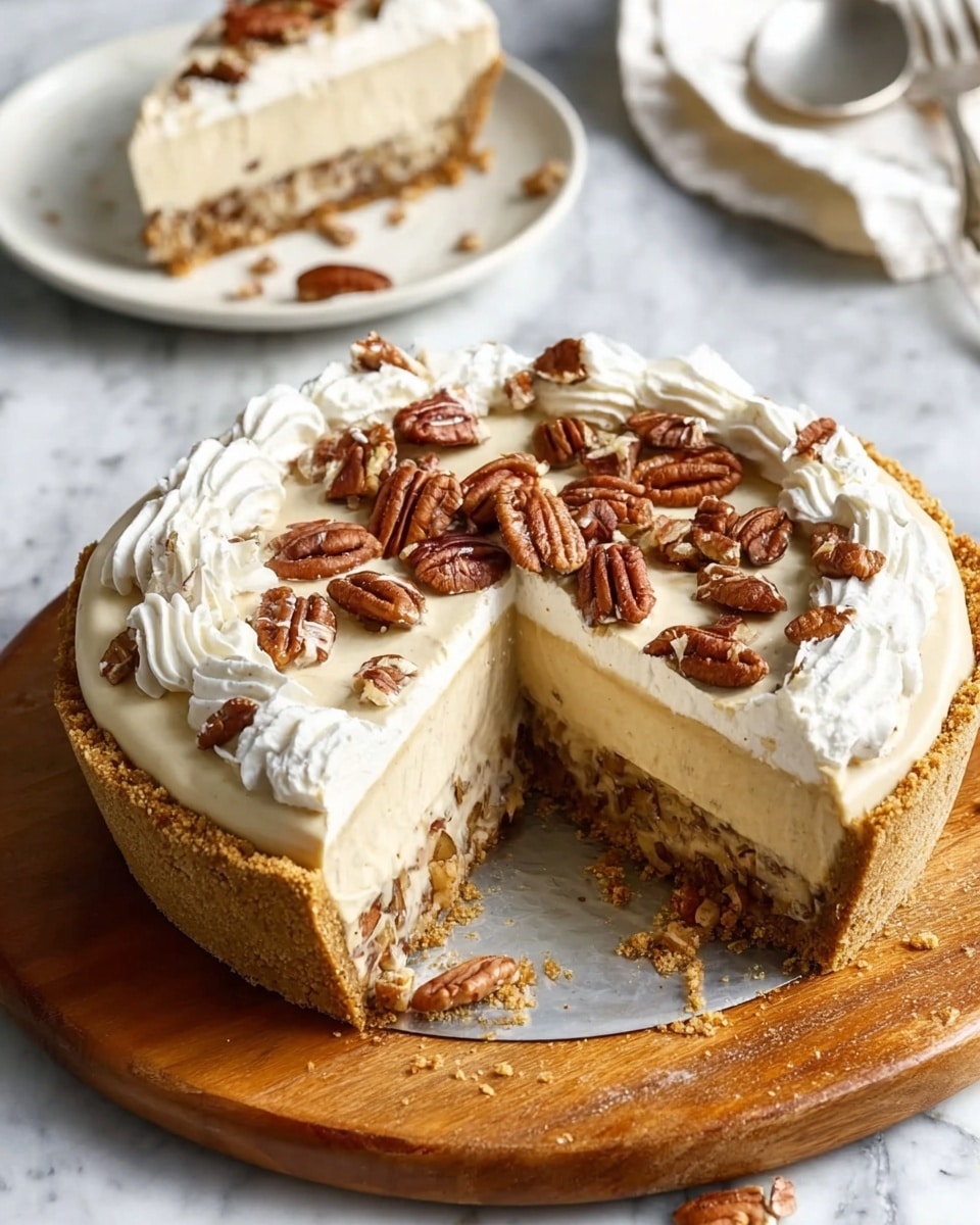 A thick pie is shown with a crumbly golden-brown crust and creamy light beige filling. On top, there is a generous swirl of white whipped cream, scattered with large and small brown pecans. A slice is cut out, revealing three layers inside: the bottom is a nutty crust with chopped pecans, the middle layer is smooth creamy beige, and the top layer is a pale yellow filling. The whole pie rests on a round wooden board placed on a white marbled surface. In the background, there is a white plate with a slice of the pie and a spoon on it. photo taken with an iphone --ar 4:5 --v 7