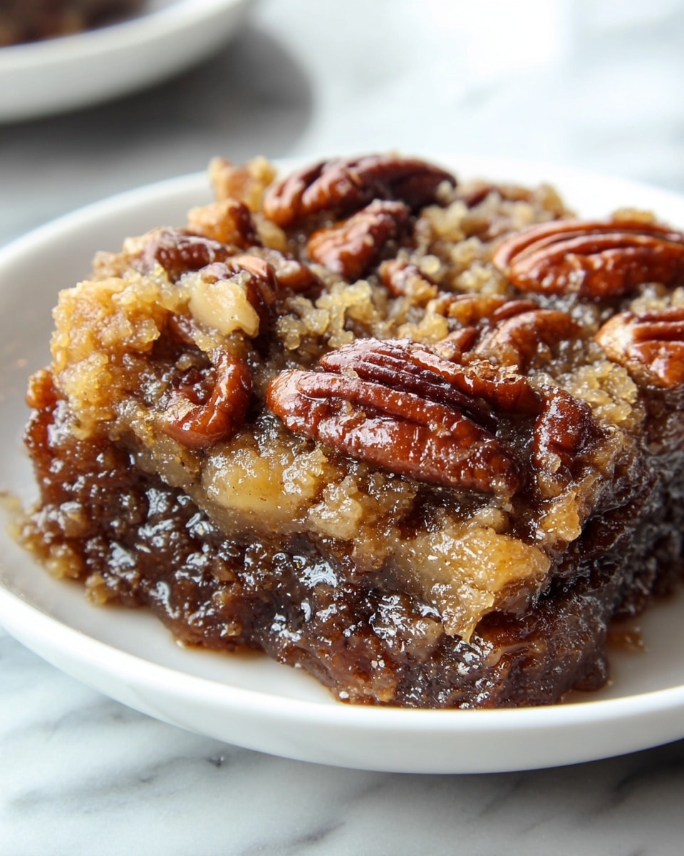 A close-up of a plate filled with a sticky pecan dessert that has a crumbly top layer with golden brown and caramel tones, underneath showing rich dark brown syrup soaked pecans that look glossy and dense; behind this plate is another white plate piled with the same dessert, and a small white bowl filled with pecan halves; to the right is a glass baking dish with the dessert visible inside, topped with whole pecans, and a soft, light-colored cloth with yellow stripes is placed nearby on a white marbled surface, in front of two black spoons. photo taken with an iphone --ar 4:5 --v 7