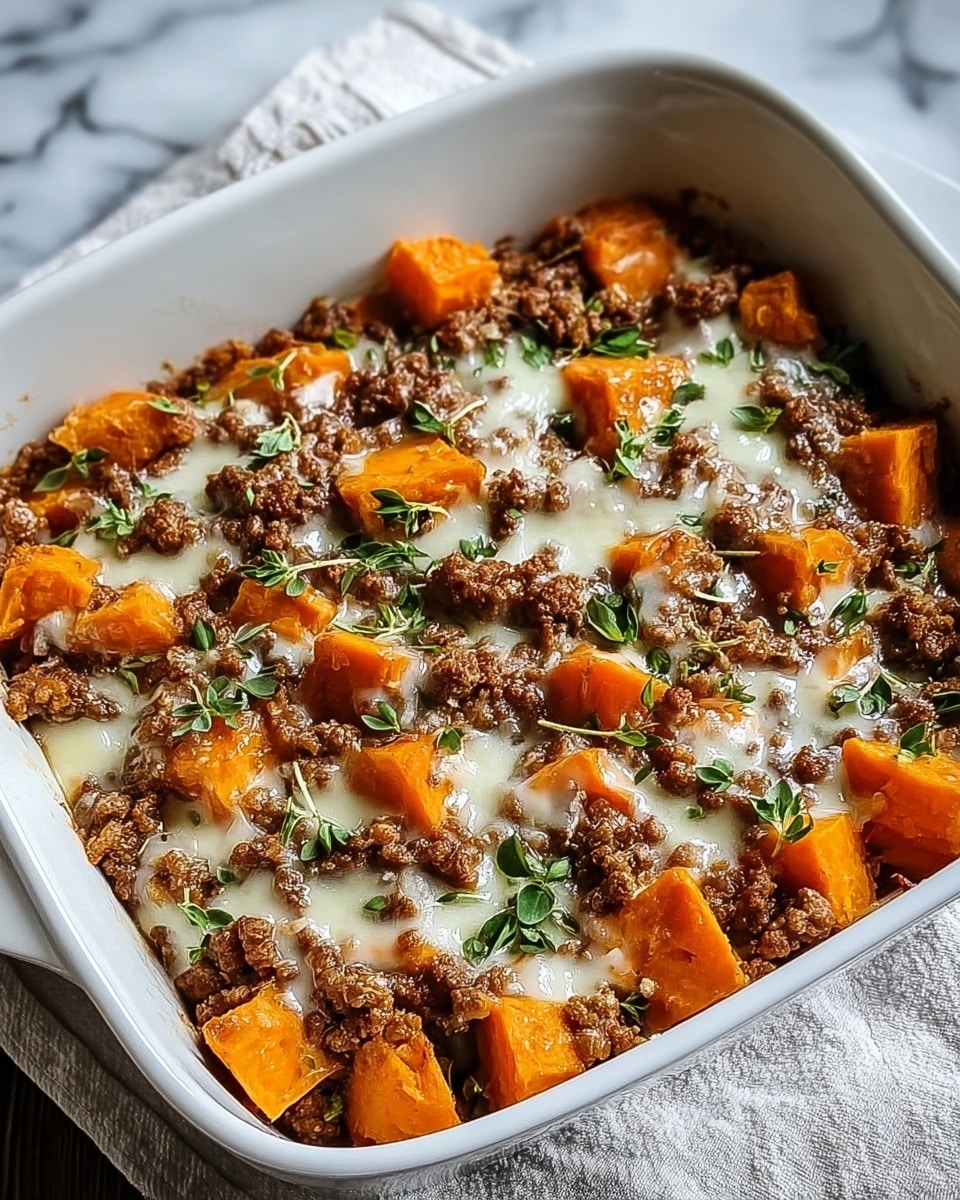 A white rectangular baking dish filled with a layered casserole that has chunks of bright orange cooked squash or sweet potatoes as the bottom layer, topped with crumbled browned ground meat spread evenly, and melted golden cheese covering the surface. Small green herb leaves are scattered on top, adding a touch of color contrast. The dish sits on a white marbled surface with part of a black and white striped cloth visible to the side. photo taken with an iphone --ar 4:5 --v 7