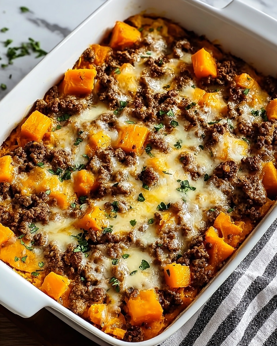 A white baking dish filled with a layered casserole starting with large orange chunks of cooked sweet potato at the bottom, topped with browned crumbled ground meat spread evenly over the sweet potato, and covered with a layer of melted white cheese that has a glossy, gooey texture. Fresh green herb leaves are scattered on top, adding color contrast. The dish is placed on a light-colored cloth with a white marbled surface underneath. photo taken with an iphone --ar 4:5 --v 7