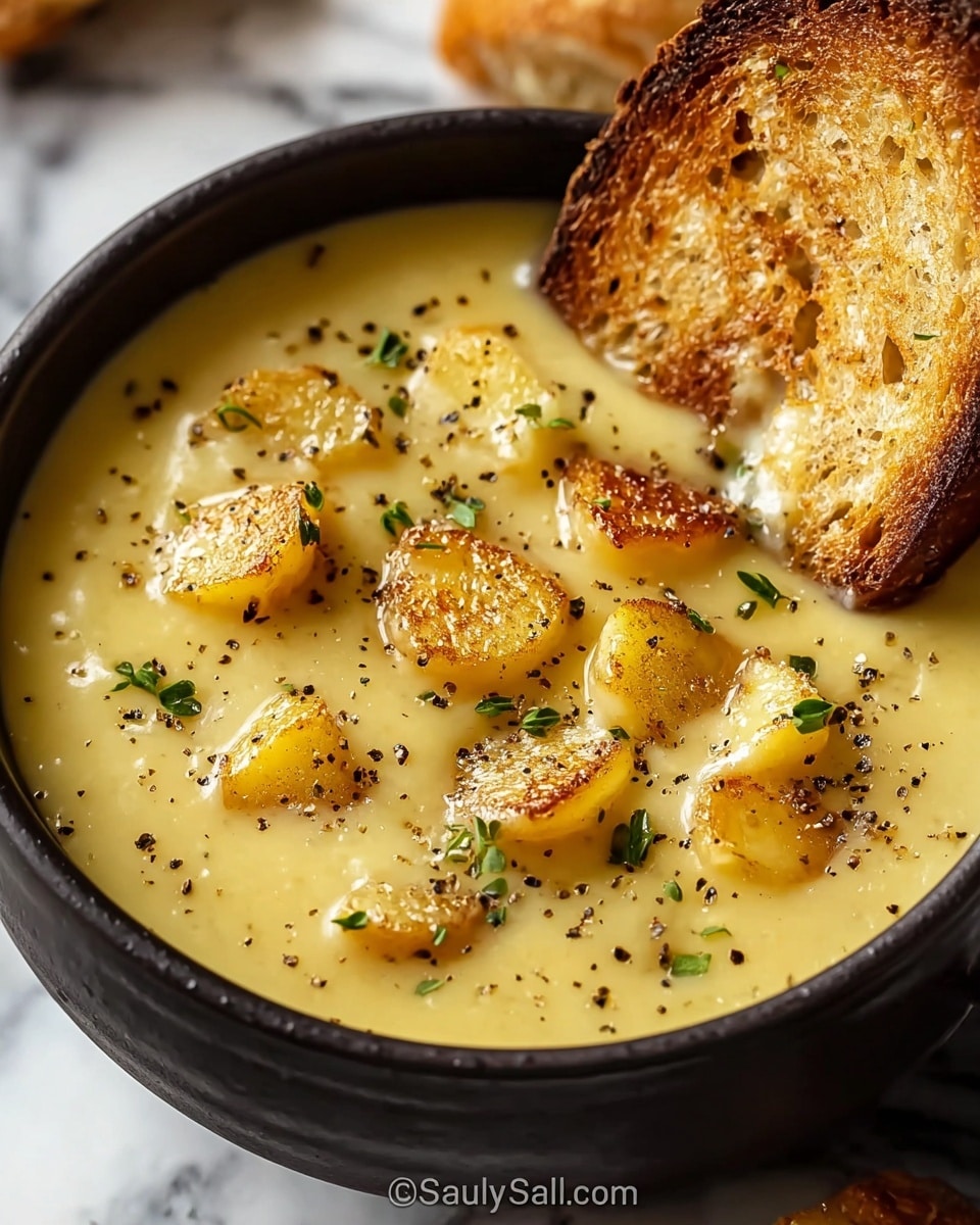 A bowl of creamy yellow soup filled with small, golden-browned potato chunks and sprinkled with black pepper and small green herb pieces, served in a dark bowl with a slice of toasted bread resting on the edge. The soup's smooth texture is visible with a few crispy potato pieces sitting on top. The background features a white marbled surface. photo taken with an iphone --ar 4:5 --v 7