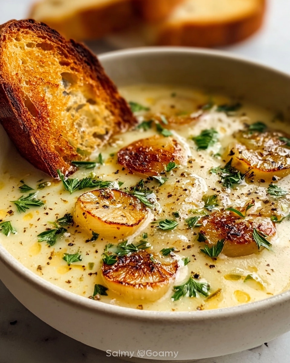 A white bowl filled with creamy soup containing several browned, round roasted garlic pieces floating on the surface, along with some small green parsley leaves scattered around. The soup shows a smooth, slightly thick texture with a light yellowish color and some black pepper sprinkled on top. On the edge of the bowl, a piece of toasted bread with a golden brown crust leans into the soup. The bowl sits on a white marbled surface, and in the background, two more pieces of toasted bread are slightly blurred. photo taken with an iphone --ar 4:5 --v 7
