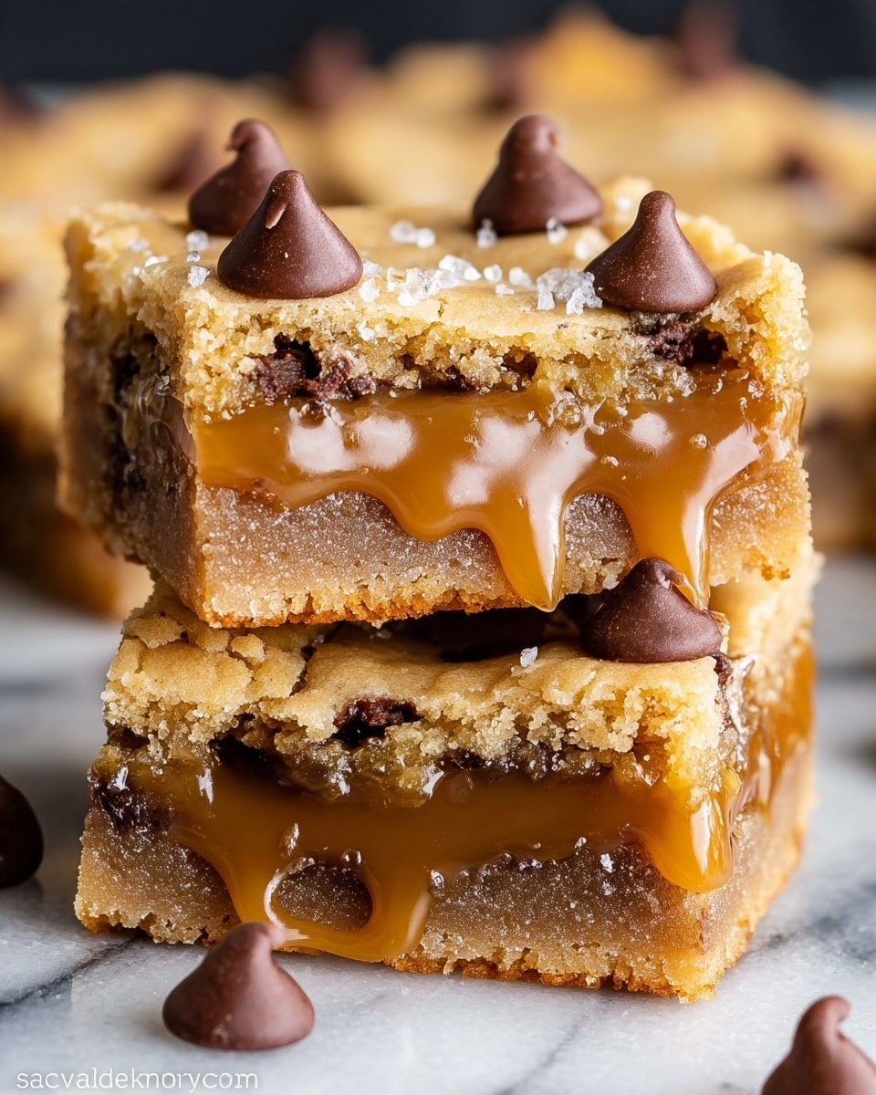 A stack of three gooey cookie bars is shown, each bar having three visible layers: a light brown crumbly cookie base with large dark brown chocolate chunks embedded, topped with a thick glossy caramel layer that looks smooth and sticky with a few chocolate chips and white flakes on top; the bars are stacked neatly on a white plate, dark chocolate chips scattered around the base of the stack on a white marbled surface with a black blurred background. Photo taken with an iphone --ar 4:5 --v 7