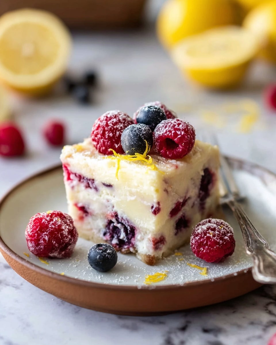 A square piece of layered dessert sits on a white plate with a brown rim placed on a white marbled surface. The dessert has two visible layers: the bottom layer is white creamy with mixed purple and red berry spots, and the top layer is a smooth pale cream topped with bright red raspberries and a couple of dark blue berries. The raspberries have a light dusting of powdered sugar and thin yellow lemon zest strands scattered over them and the dessert. Some raspberries and zest are also on the plate beside the dessert. A silver fork rests on the plate near the dessert. In the blurry background, halved lemons and more berries are visible. Photo taken with an iphone --ar 4:5 --v 7
