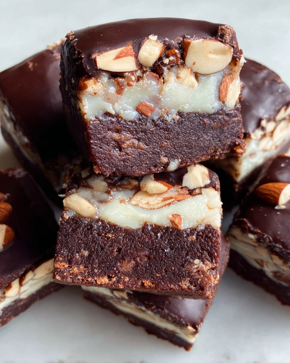 The image shows several thick square brownies with three visible layers: the bottom layer is dark brown, dense, and fudgy, the middle layer is creamy white with visible bits of chopped nuts like almonds, and the top layer is a smooth, glossy dark chocolate coating that slightly covers the nuts peeking through; they are placed stacked closely on a white marbled surface. photo taken with an iphone --ar 4:5 --v 7