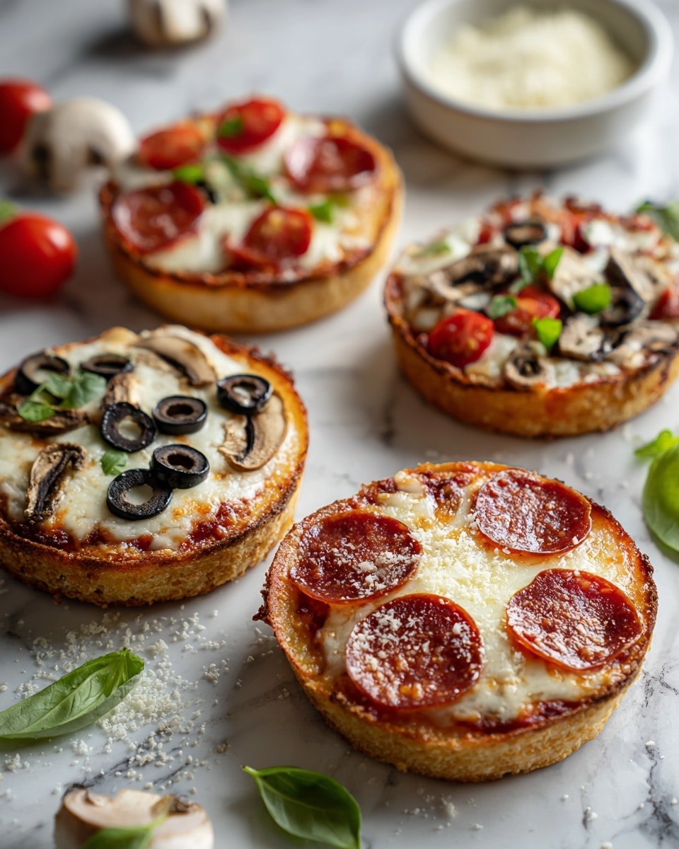 The image shows four small personal pizzas on a white marbled surface. Each pizza has a golden-brown crust with a slightly crispy edge. The top layer is melted white cheese covering the tomato sauce beneath it. Two of the pizzas are topped with round, reddish-brown pepperoni slices, some curling at the edges with a crispy texture. Another pizza has black olive slices, small bright red cherry tomato halves, dark mushrooms, and thin green basil leaves scattered on top of the cheese layer. The pizzas are arranged casually, with some loose green basil leaves around them and a small bowl of grated white cheese blurred in the foreground. The lighting highlights the shine on the melted cheese and the texture of the toppings. photo taken with an iphone --ar 4:5 --v 7