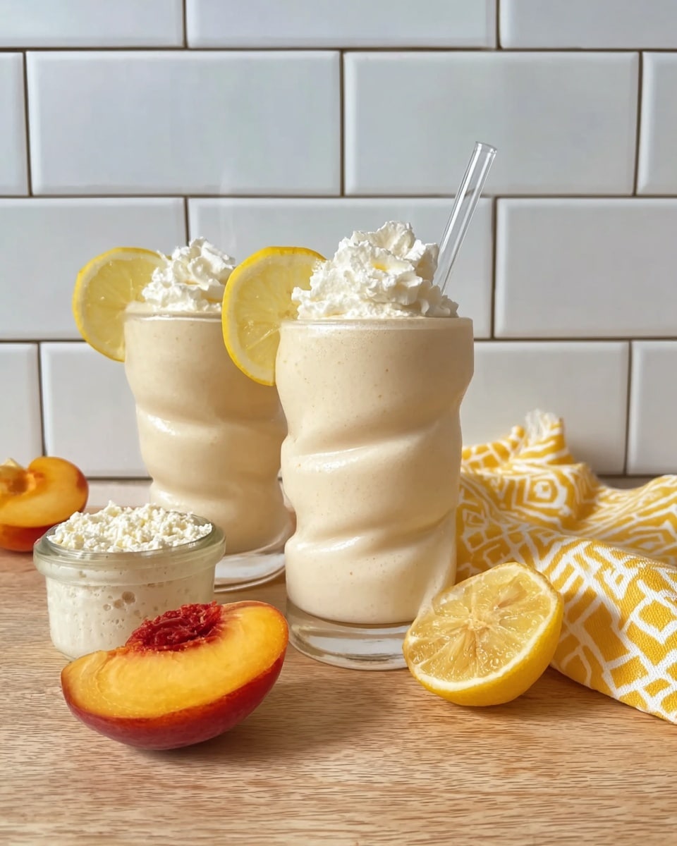 Two creamy light beige smoothies are poured into wavy, translucent glasses with clear glass straws. Each smoothie is topped with a dollop of whipped cream and garnished with a thin lemon slice on the rim. In front, there is a small white glass jar filled with creamy cottage cheese and a bright orange and red peach slice resting on a white marbled surface that looks like a wooden table. To the right, another lemon slice and a peach wedge sit on a yellow patterned cloth. The background shows white subway tiles arranged in a clean grid. photo taken with an iphone --ar 4:5 --v 7