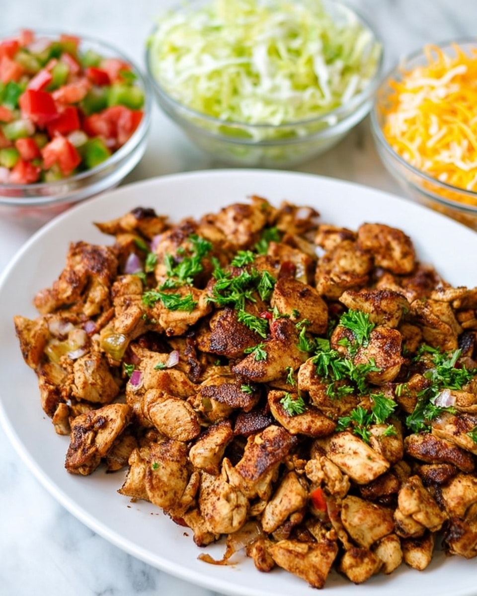 A large white plate filled with browned, cooked chicken pieces, garnished with small green parsley leaves scattered on top. Behind the chicken, there are three clear glass bowls arranged in a row, each with a different ingredient: shredded light green lettuce on the left, a mix of diced red tomatoes and green peppers in the middle, and a pile of shredded yellow and white cheese on the right. The scene is set on a white marbled surface. Photo taken with an iphone --ar 4:5 --v 7