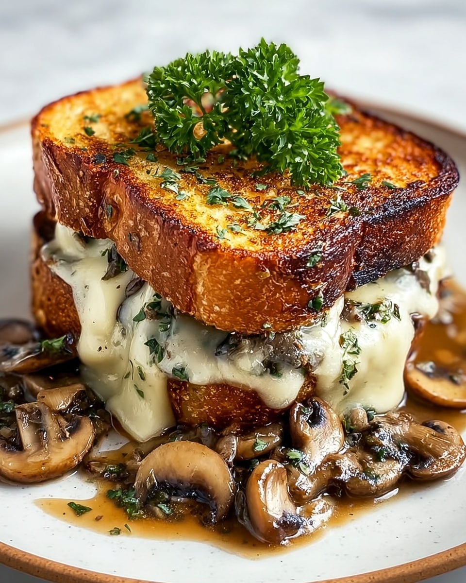 A thick sandwich sits on a white plate with a white marbled surface underneath. The sandwich has two golden-brown toasted bread slices on the top and bottom, each showing a crispy texture with light charring and scattered green herbs. Between the bread layers, melted cheese flows down, creamy white and smooth with a slightly bubbly texture. Under the bottom bread, there is a layer of cooked sliced mushrooms in a glossy brown sauce with sprinkled herbs, some mushrooms spilling out onto the plate. On top of the sandwich, there is a small bunch of fresh curly parsley, bright green and leafy. Photo taken with an iphone --ar 4:5 --v 7