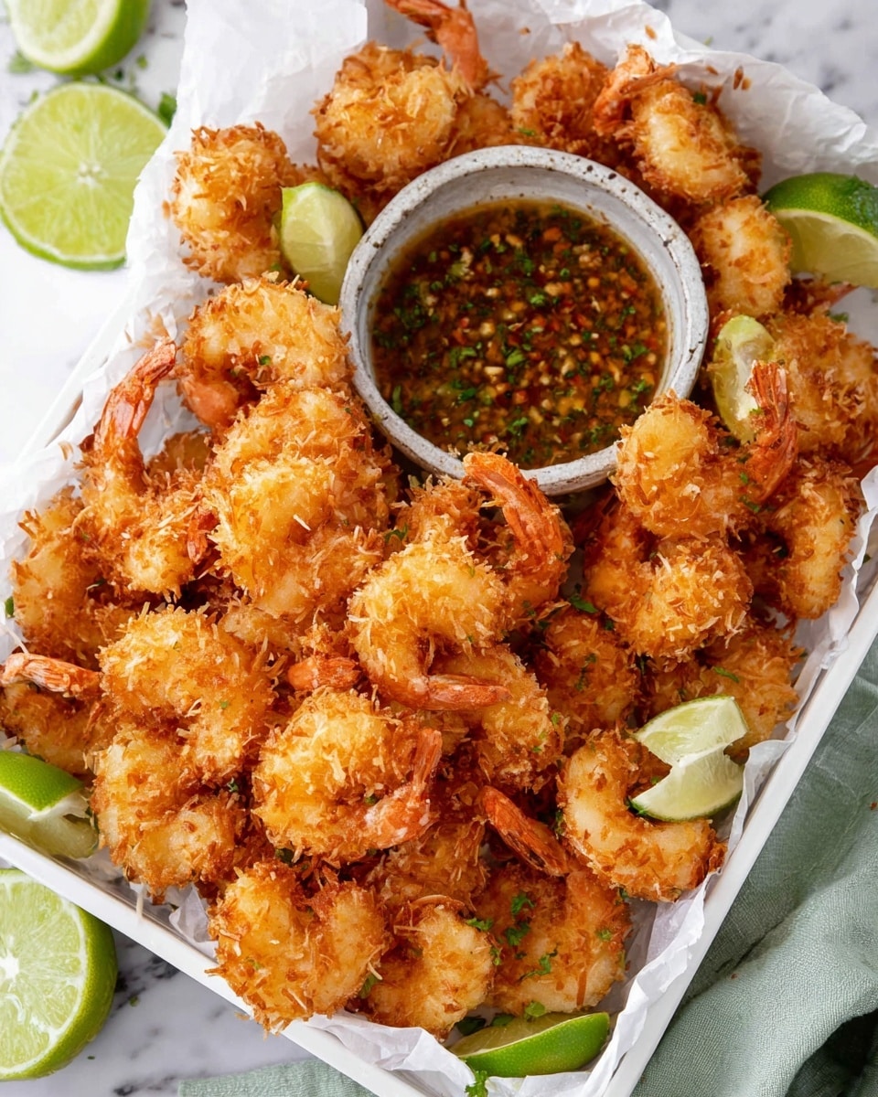 A white basket holds a large pile of golden-brown crispy fried shrimp, each coated in a crunchy layer with visible coconut flakes and orange tails facing outward. In the center, a small round bowl filled with a dark orange dipping sauce with green herbs and chili flakes sits on white parchment paper. Around the shrimp, fresh lime wedges with bright green skin and juicy light green interiors add contrast. The background features a white marbled surface with scattered lime slices and shrimp pieces, and a light green cloth peeks out from the side. photo taken with an iphone --ar 4:5 --v 7