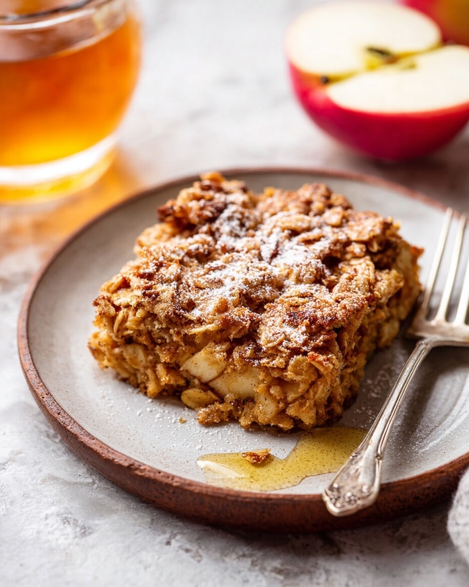 A white ceramic baking dish filled with a baked oat and apple casserole showing a golden brown crust on top sprinkled lightly with sugar. The dish's surface is textured with small pieces of soft oats mixed with chunks of tender cinnamon-spiced apple, evenly spread across the top layer. Nearby on a white marbled surface are a whole red apple with a quarter cut out, a large metal spoon, and a glass jar filled with dark syrup, adding warm and homey touches to the scene. photo taken with an iphone --ar 4:5 --v 7