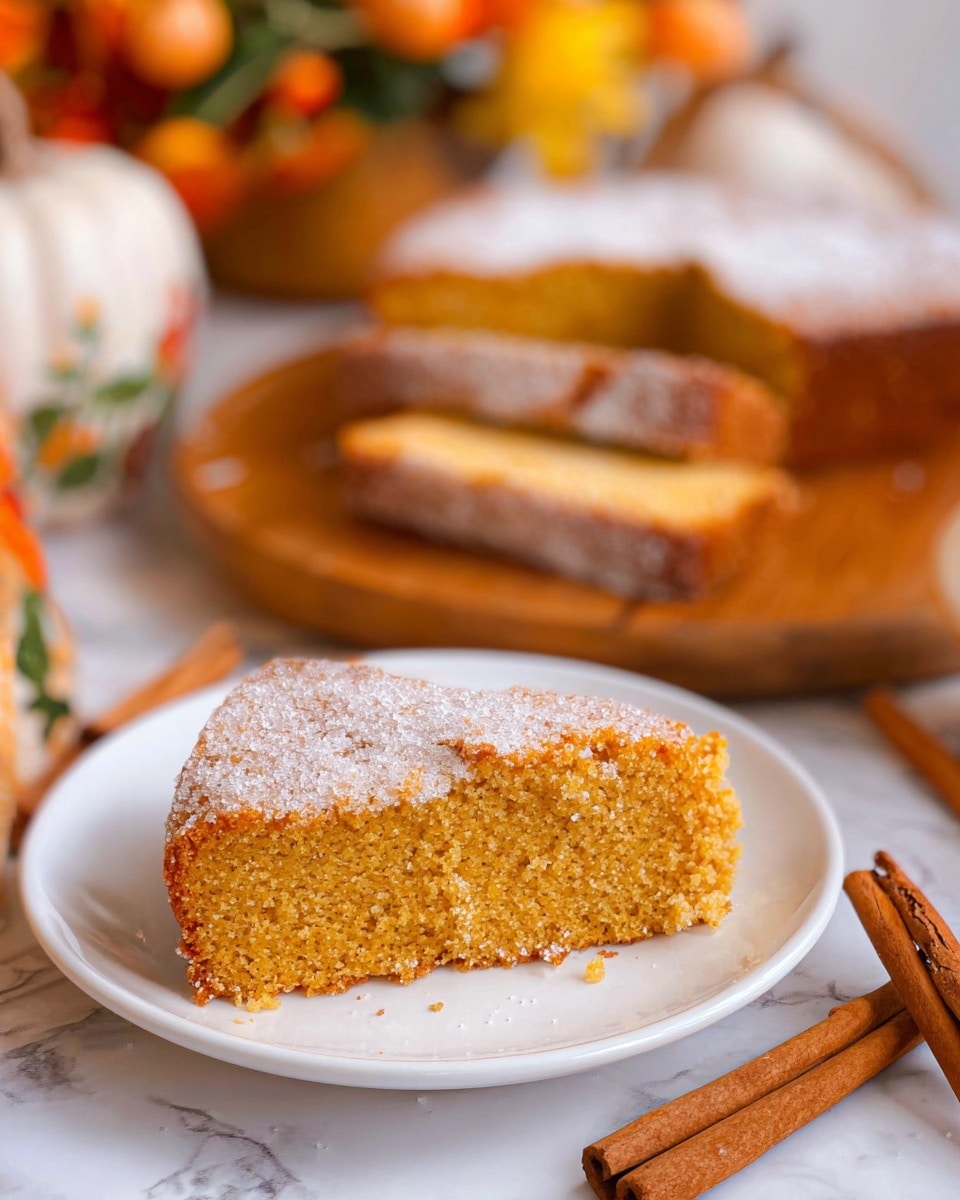 The image shows a close-up of a moist, golden-brown single slice of cake on a white plate in the foreground. The cake slice has a soft and crumbly texture with a lightly sugar-dusted top. Behind it, on a wooden board, there are more slices and a larger portion of the same cake, also dusted with powdered sugar. To the right, two cinnamon sticks lie on the white marbled surface. The background contains blurred fall-themed decorations with orange and yellow tones. Photo taken with an iphone --ar 4:5 --v 7