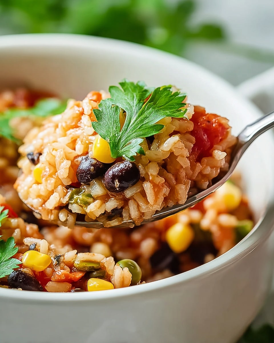 A close-up view of a white bowl filled with mixed rice dish showing three main layers: the bottom is soft light brown rice mixed with small yellow corn kernels and green peas, the middle layer has bright red tomato pieces and black beans, and the top layer is decorated with fresh green parsley leaves, all held by a spoon on the right side with the edge of the bowl in focus, placed on a white marbled surface with a soft blurred green background, photo taken with an iphone --ar 4:5 --v 7