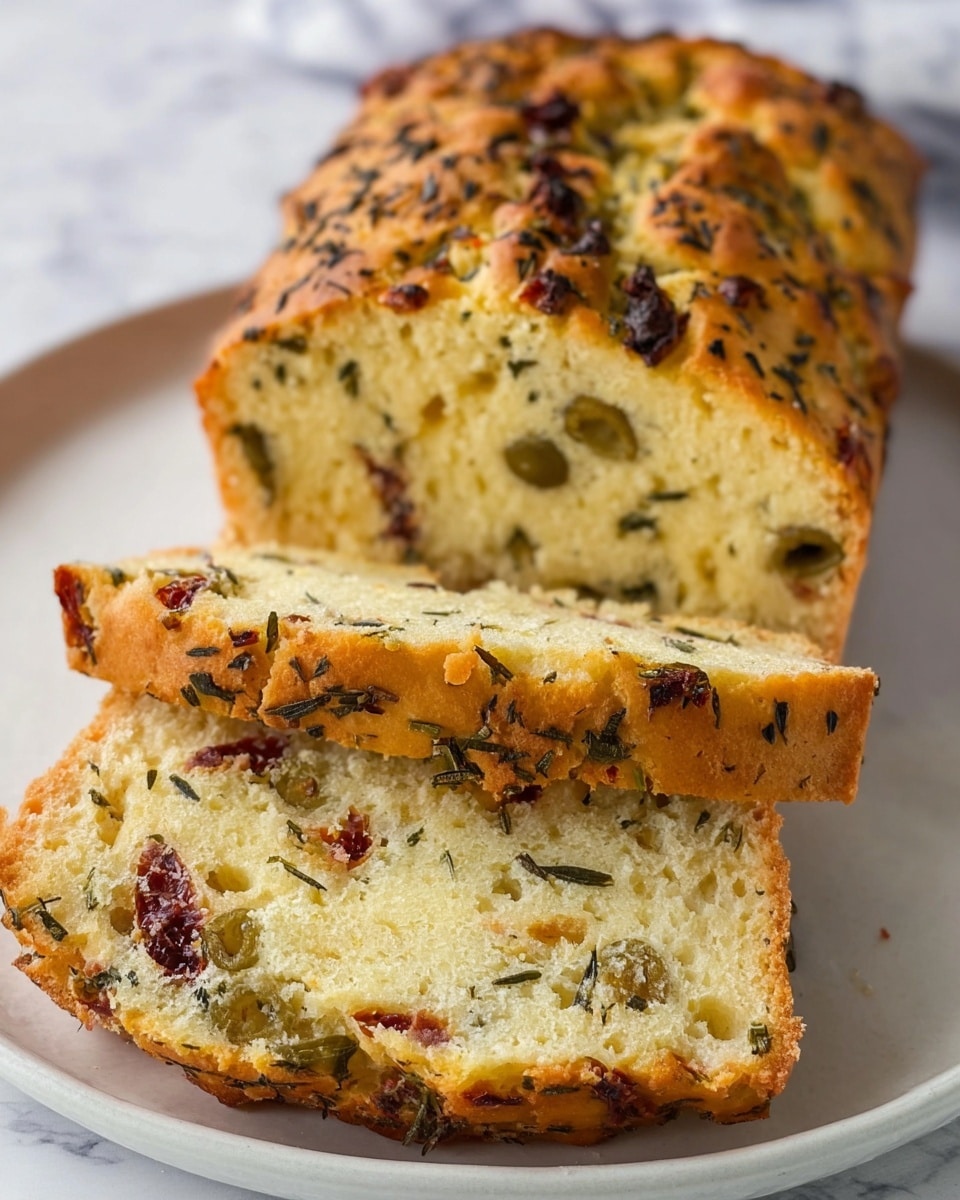 Two slices of quick bread are stacked on a white plate lined with parchment paper. Each slice has a golden brown crust with a soft, light beige inside. The inside shows whole green olive slices, small cubes of pale yellow cheese, and pieces of sun-dried red tomatoes scattered throughout. Thin, dark green sprigs of herbs are also visible within the bread. The bread looks moist with many air pockets and small black seeds speckled on top. The background is a white marbled surface with small green leaves slightly blurred. Photo taken with an iphone --ar 4:5 --v 7