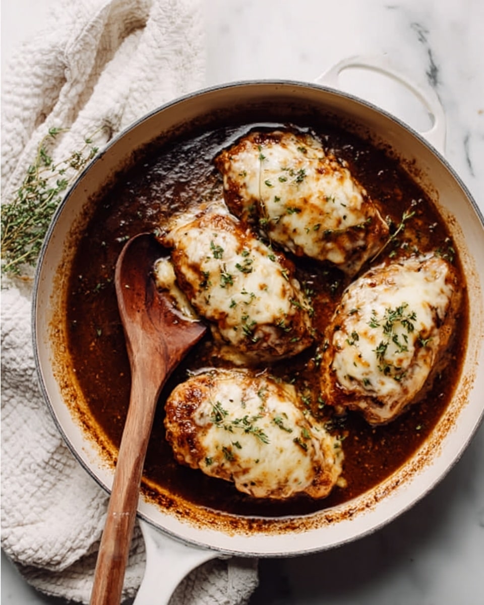 A white skillet contains four pieces of cooked chicken covered with melted cheese, sitting in a dark brown sauce with some herbs sprinkled on top. A wooden spoon rests inside the skillet on the left side. The skillet is on a white marbled surface with a white cloth beside it. photo taken with an iphone --ar 4:5 --v 7