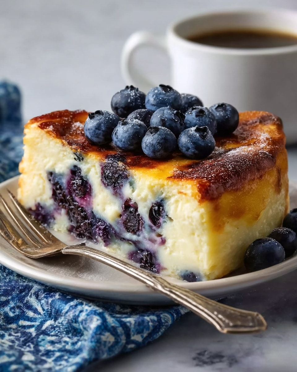 A round slice of golden-brown baked cheesecake with a slight crispy top layer featuring a creamy, soft inside filled with dark purple blueberries scattered throughout, topped with a cluster of fresh, plump blueberries with a deep blue color. The cheesecake sits on a simple white plate next to a silver fork with a vintage look and a white cup of coffee blurred in the background, all placed on a white marbled textured surface with a blue and white patterned cloth partially visible under the plate. Photo taken with an iphone --ar 4:5 --v 7