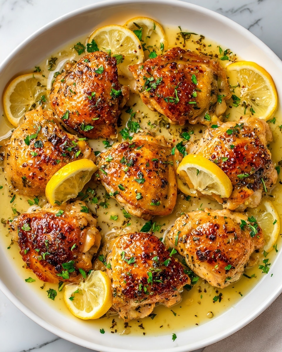 The image shows a white shallow dish filled with pieces of golden brown cooked chicken, each piece glazed with a shiny sauce that has a slightly bubbly texture. The chicken pieces have a crispy, caramelized surface with small specks of black pepper and herbs evenly sprinkled on top. Bright green parsley leaves are scattered over the chicken, adding color contrast. Around the chicken pieces, there are thin slices of lemon with a bright yellow color peeking through the sauce. The sauce itself is light yellow and glossy, pooling gently around the chicken. The dish sits on a white marbled surface, enhancing the freshness and warmth of the meal. photo taken with an iphone --ar 4:5 --v 7